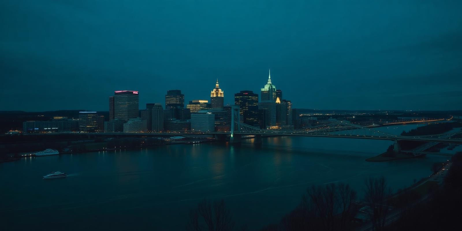 Pennsylvania skyline at dusk behind a financial advisory workspace